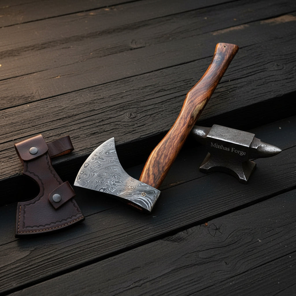 Beardline Damascus Steel Camping Axe with Brass-Pinned Bearded Head