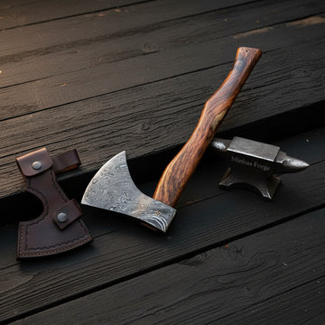 Beardline Damascus Steel Camping Axe with Brass-Pinned Bearded Head