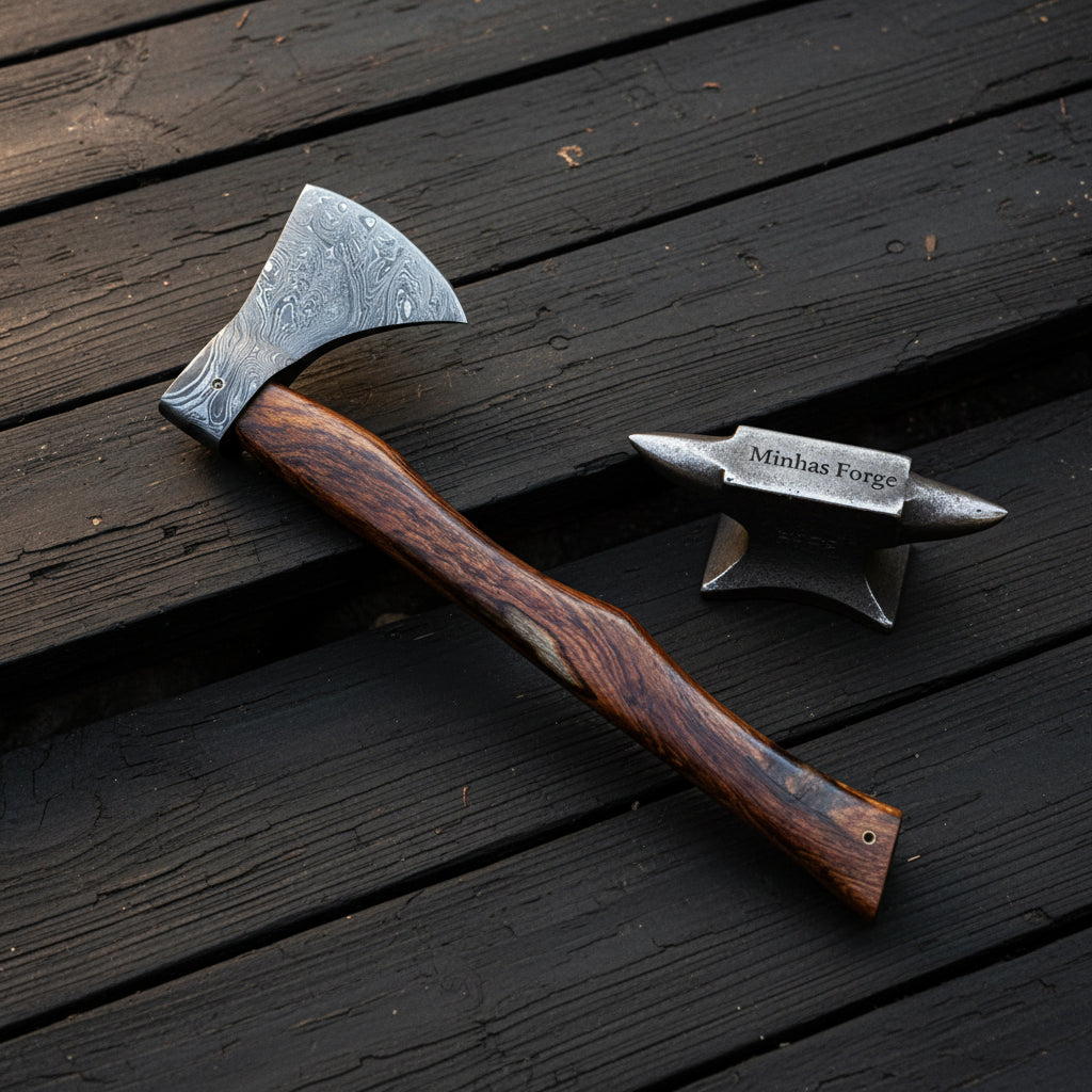 Beardline Damascus Steel Camping Axe with Brass-Pinned Bearded Head