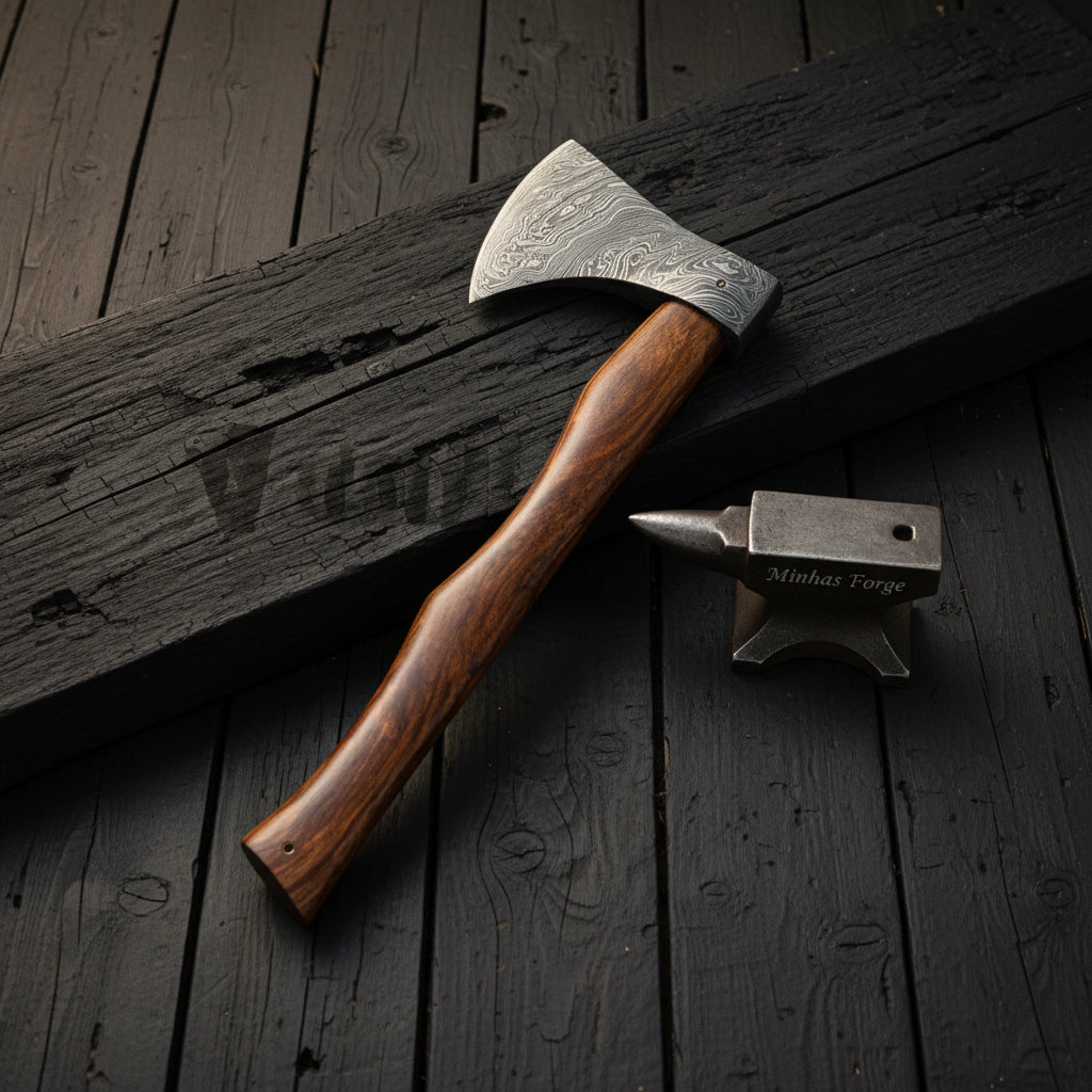 Beardline Damascus Steel Camping Axe with Brass-Pinned Bearded Head