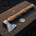 Floral Mandala Viking Axe with Carved Crosshatch Handle