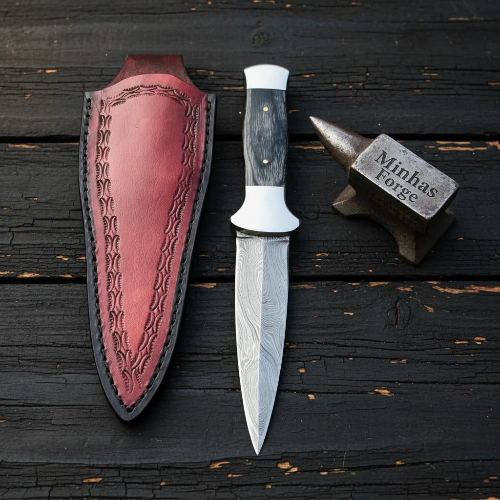 Palebrace Damascus Steel Boot Dagger Knife with White Fittings