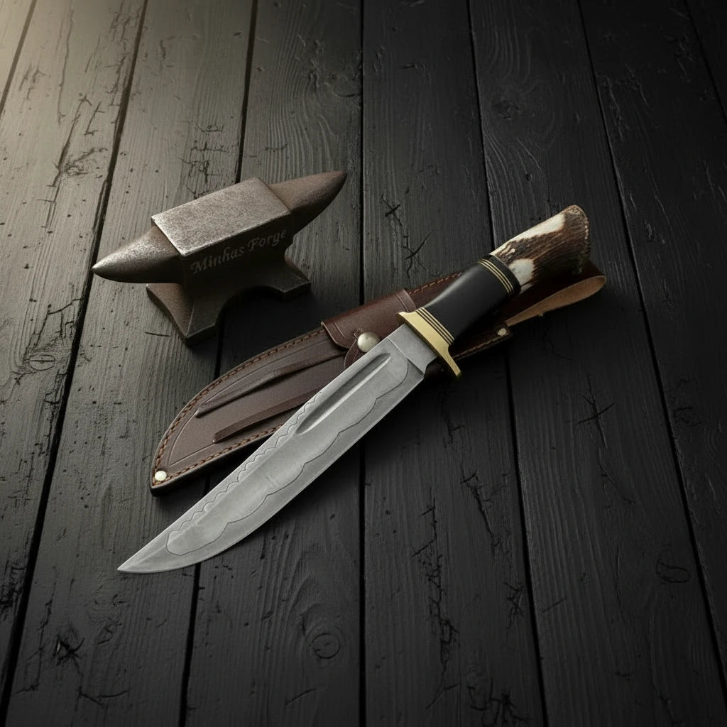Crownstack Forged Elk Antler Bowie Knife with Natural Crown Butt
