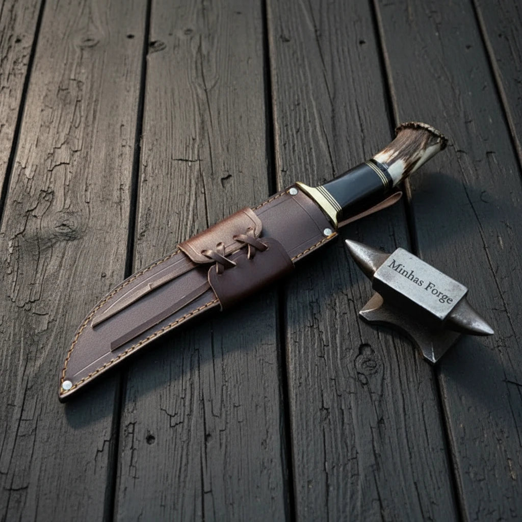 Crownstack Forged Elk Antler Bowie Knife with Natural Crown Butt