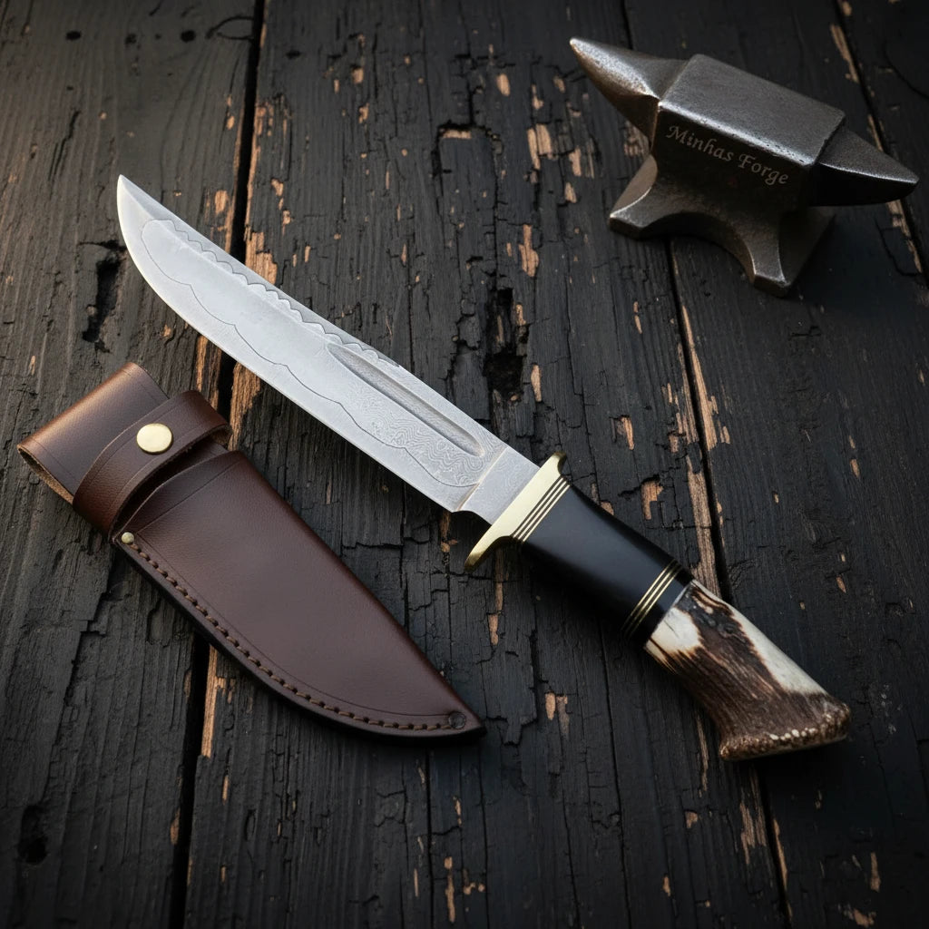 Crownstack Forged Elk Antler Bowie Knife with Natural Crown Butt