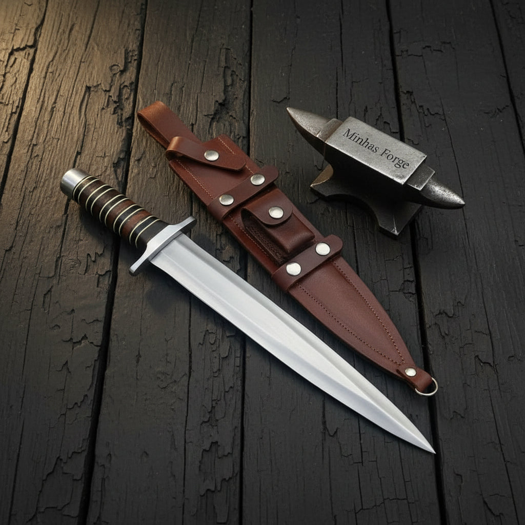 Stacked Leather Bowie Knife with Steel Guard, Pommel & Leg-Tie Leather Sheath