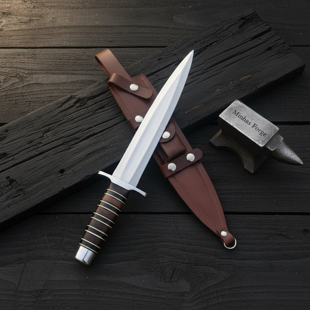 Stacked Leather Bowie Knife with Steel Guard, Pommel & Leg-Tie Leather Sheath