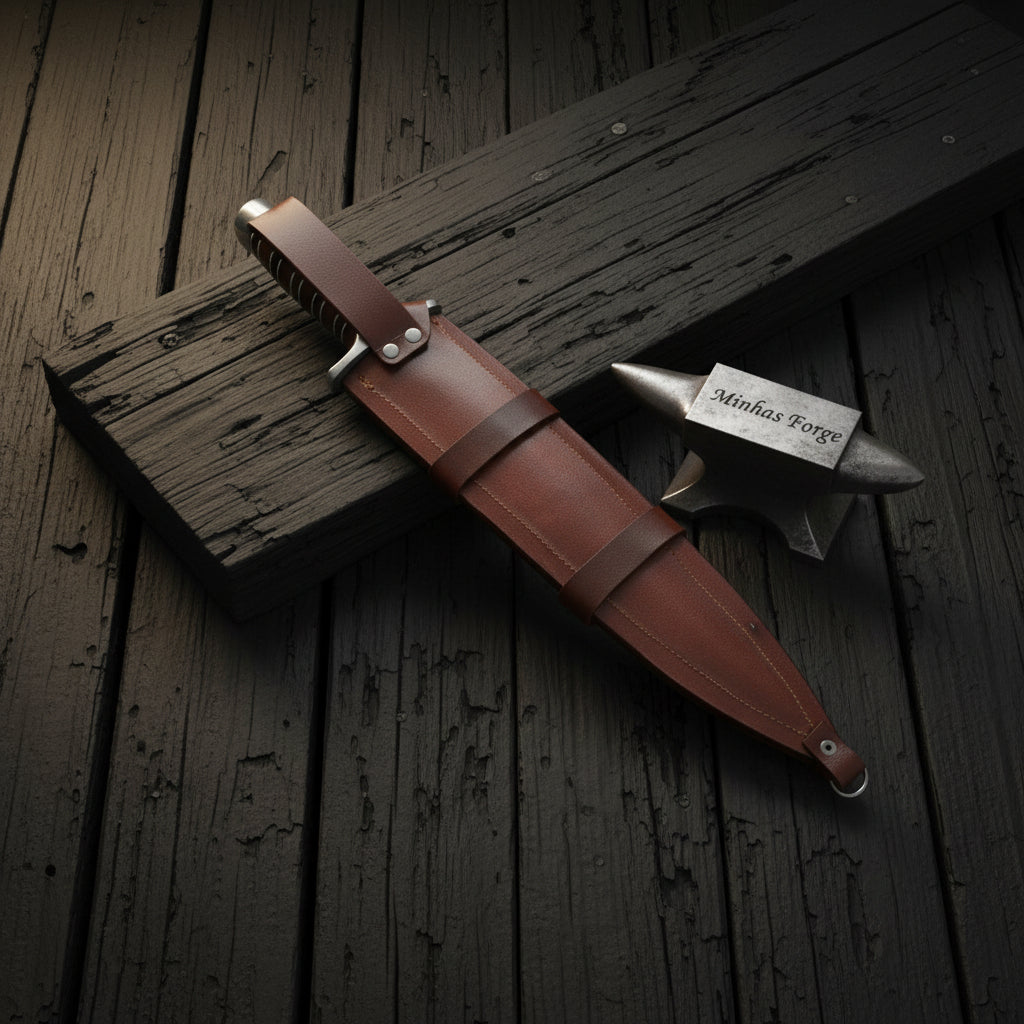 Stacked Leather Bowie Knife with Steel Guard, Pommel & Leg-Tie Leather Sheath